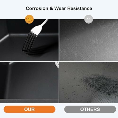 Comparison of corrosion and wear resistance between two surfaces, one with a fork showing no scratches and the other with visible wear marks.