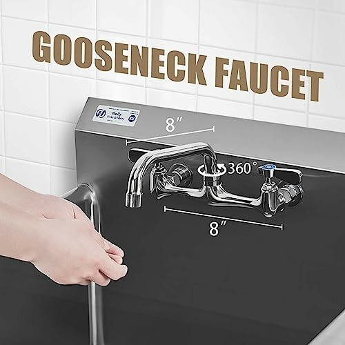 Hands under gooseneck faucet with dimensions shown.