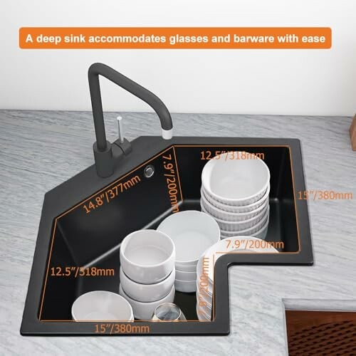 Kitchen sink with dishes and measurements for fitting glasses and barware.