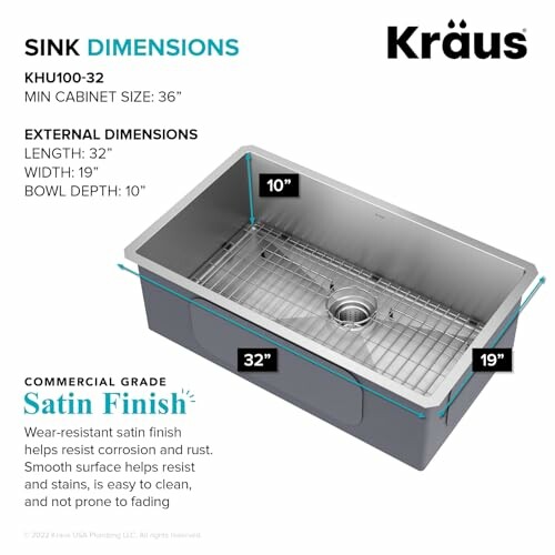 Kraus sink dimensions and features diagram.