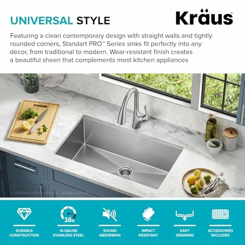 Kraus universal style kitchen sink with features and benefits.