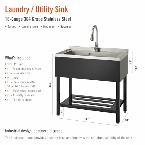 Stainless steel laundry utility sink with faucet and accessories