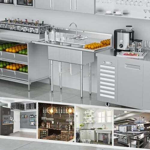 Modern commercial kitchen with stainless steel fixtures and appliances.