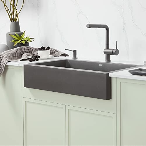 Modern kitchen sink with faucet and countertop accessories.