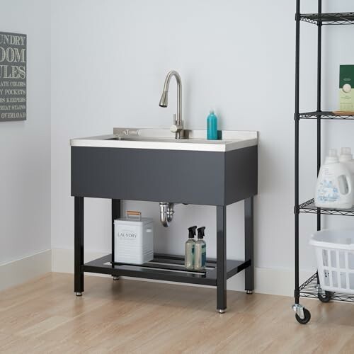 Modern laundry room with a sink and storage shelves