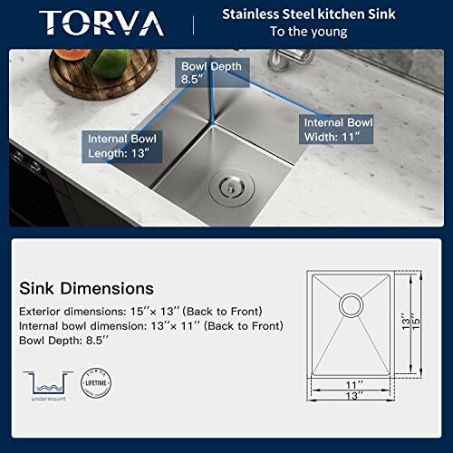 Stainless steel kitchen sink with dimensions and bowl depth details.