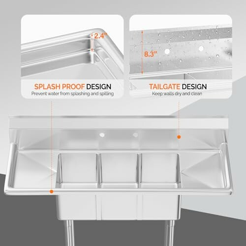 Stainless steel sink with splash proof and tailgate design features.