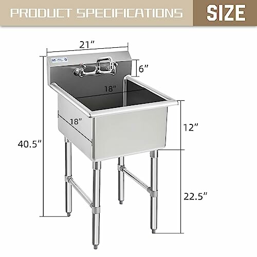 Stainless steel sink with dimensions labeled.